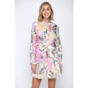 NEW Floral Pink Mock Neck Button Down Woven Shirt Dress